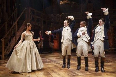 From left Carleigh Bettiol Lin Manuel Miranda Leslie Odom Jr. and Anthony Ramos in “Hamilton.”