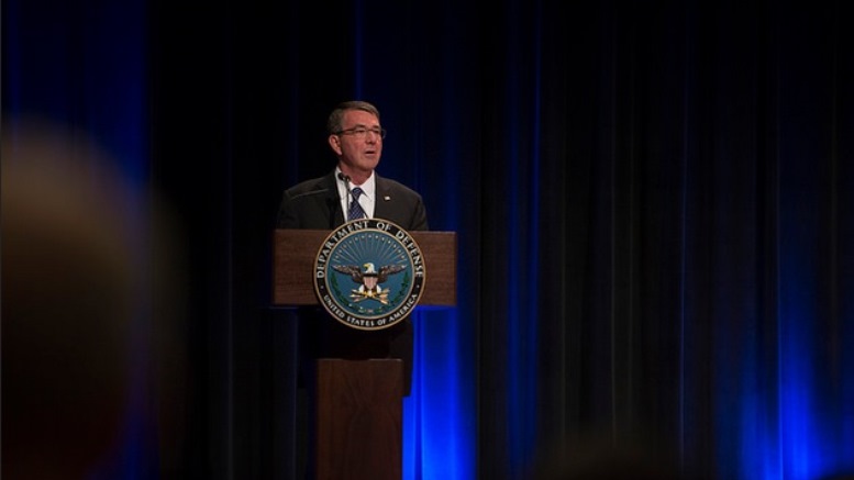 Secretary of Defense Ash Carter speaks at a ceremony commemorating the 25th Anniversary of the Nunn Lugar Cooperative Threat Reduction Program at the Defense Department