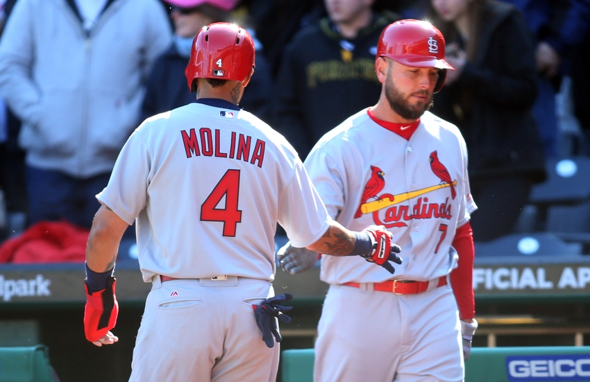 Apr 3 2016 Pittsburgh PA USA St. Louis Cardinals catcher Yadier Molina is greeted by first baseman Matt Holliday after Molina scored a run against the Pittsburgh Pirates during the ninth inning at PNC Park. The Pirates won 4-1. Mandatory Cred