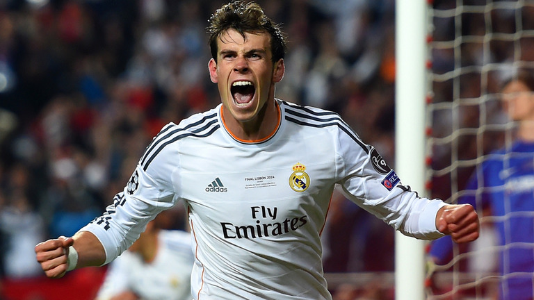 Gareth Bale celebrates after securing Real the lead over Atletico in the 2014 Champions League final