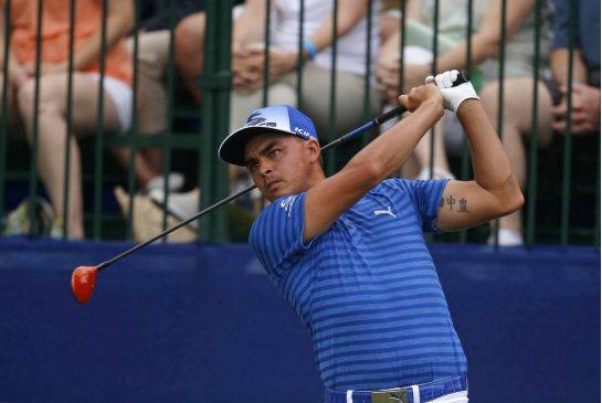 Rickie Fowler tees off during a break in the weather at the Zurich Classic in Avondale La. on Saturday