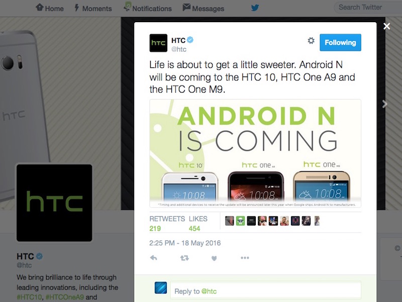 HTC Android N Tweet