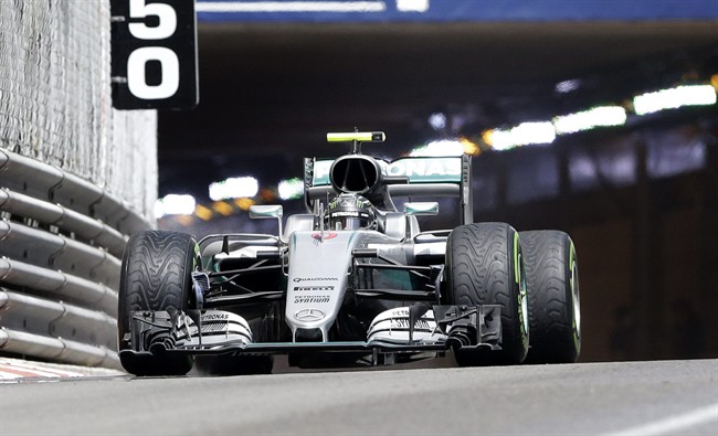 Mercedes driver Nico Rosberg of Germany steers his car during the Formula One Grand Prix at the Monaco racetrack in Monaco Sunday