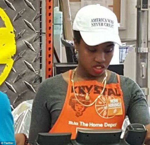 Home Depot has banned worker Krystal Lake from wearing a hat emblazoned with the words'America was never great after legions of Donald Trump supporters complained