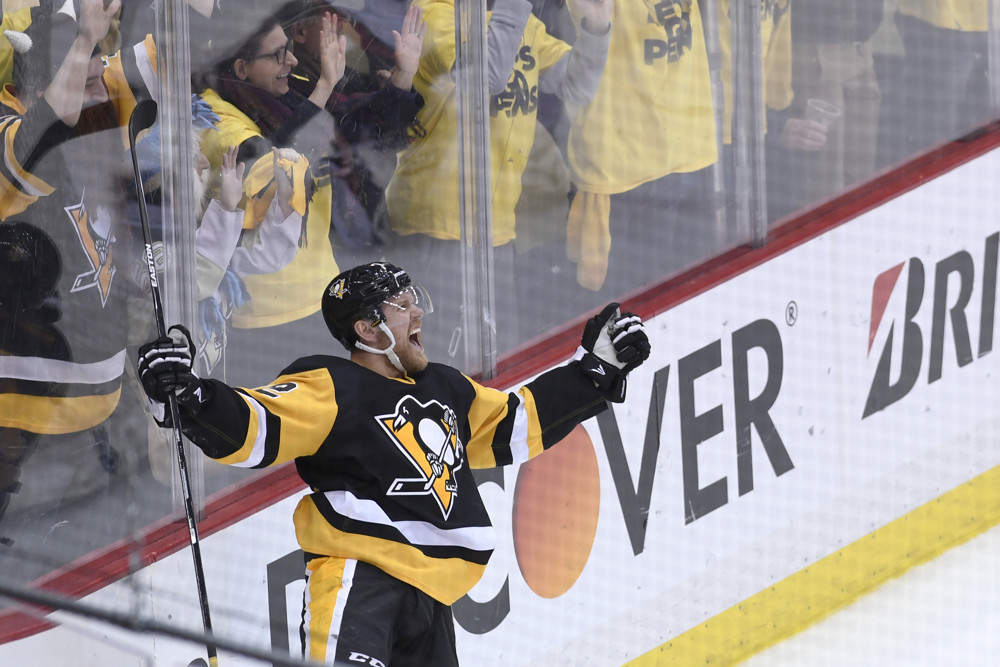 4 May 2016 Pittsburgh Penguins right wing Patric Hornqvist celebrates his game winning goal during the overtime period. The Pittsburgh Penguins went on win 3-2 in overtime against the Washington Capitals in Game Four of the 2016 NHL Stanley Cup Play