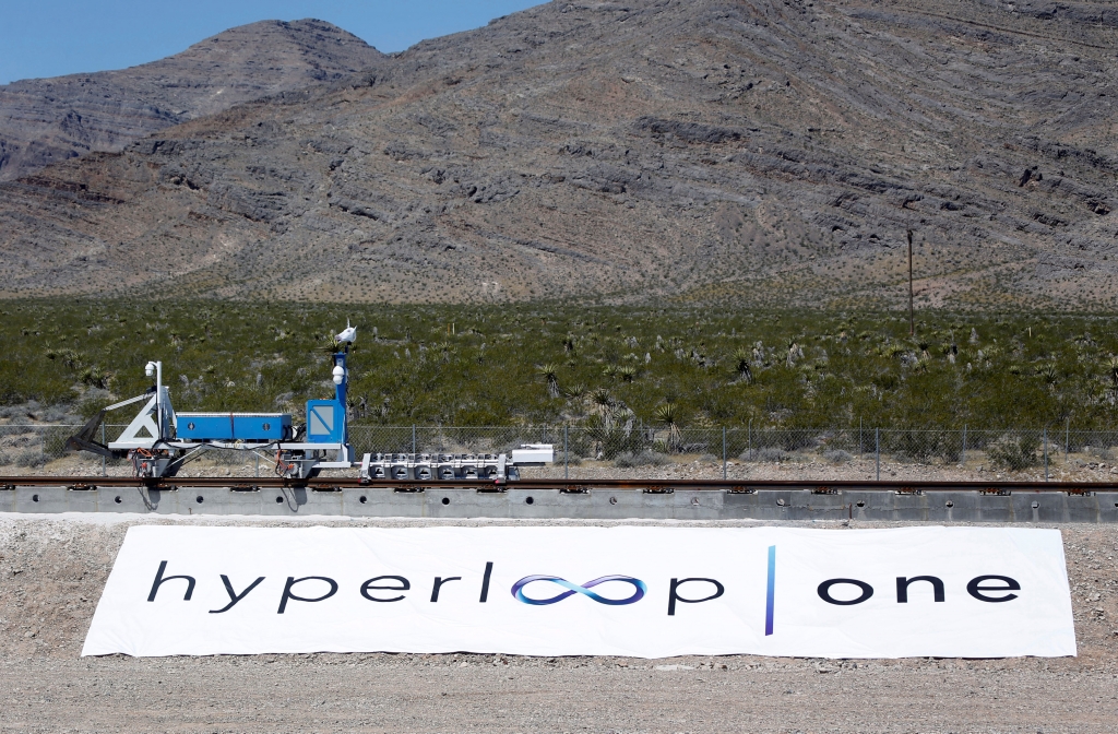 A sled recovery vehicle moves a test sled back to the starting position following a propulsion open-air test at Hyperloop One in North Las Vegas Nevada