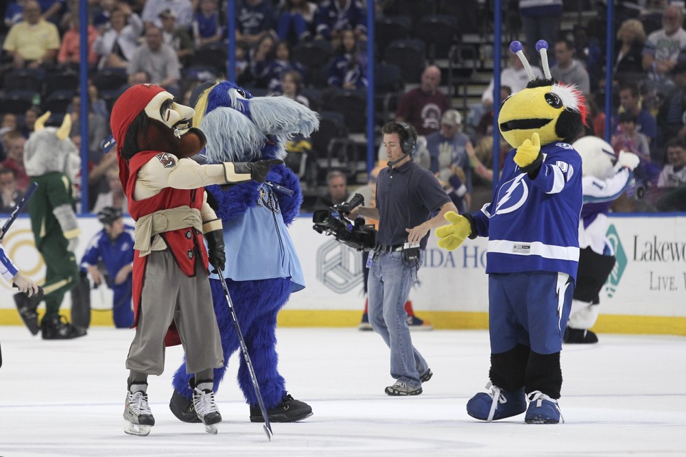 16 March 2013 Tampa Bay mascots Captain Fear, Raymond and Thunder Bug take part in a promotion on the ice between the periods of the NHL regular season game between the Carolina Hurricanes and the Tampa Bay Lightning at the