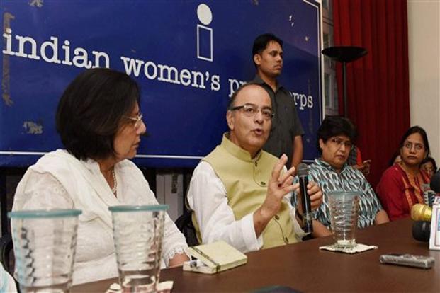 Finance minister Arun Jaitley speaks at a press meet at Indian Women’s Press Corps in New Delhi on Monday