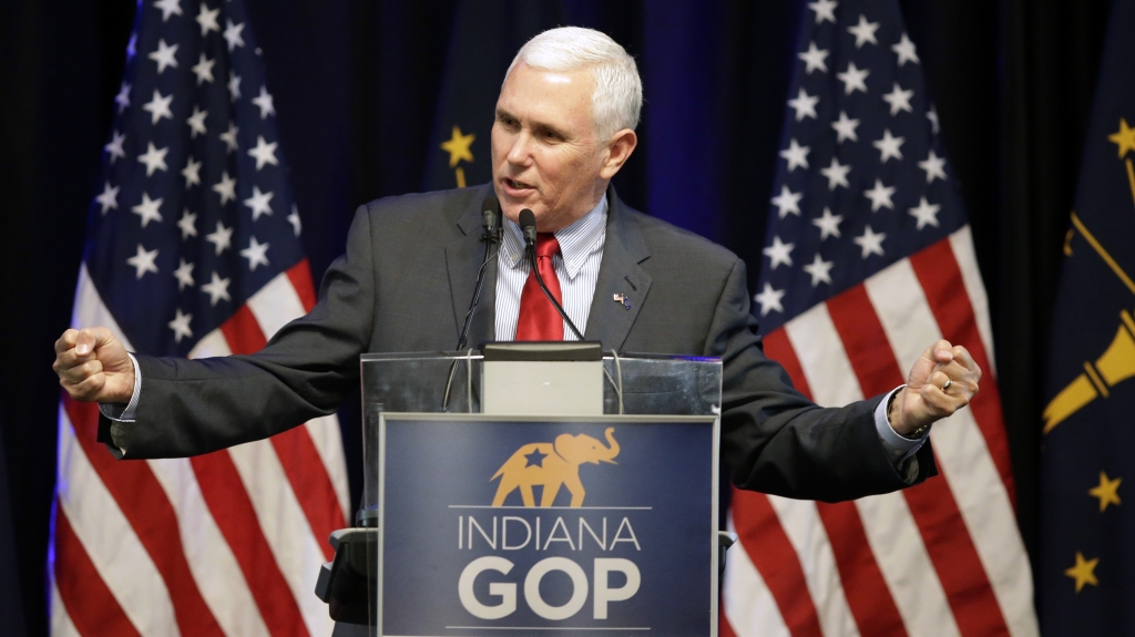 Indiana Gov. Mike Pence speaks during the Indiana Republican Party Spring Dinner last week in Indianapolis