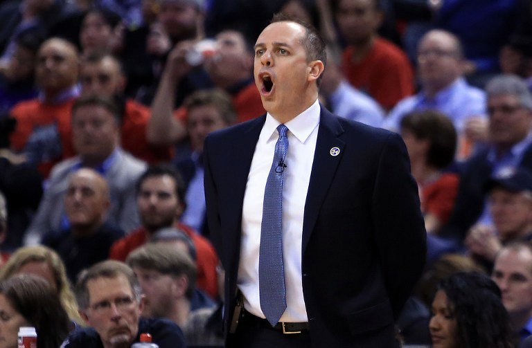 Head Coach Frank Vogel of the Indiana Pacers shouts to an official in the first half of Game Five of the Eastern Conference Quarterfinals against the Toronto Raptors during the 2016 NBA Playoffs at the Air Canada Centre