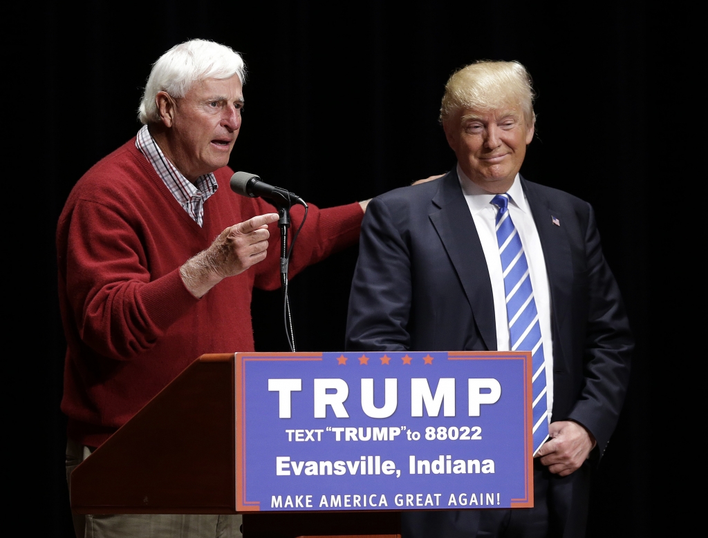 Former Indiana basketball coach Bob Knight talks about Republican presidential candidate Donald Trump speaks during a campaign stop at Old National Events Plaza Thursday