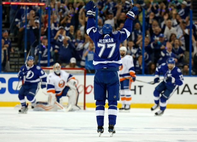 Victor Hedman of the Tampa Bay Lightning celebrates his goal against the New York Islanders during the first period of game five of the Eastern Conference