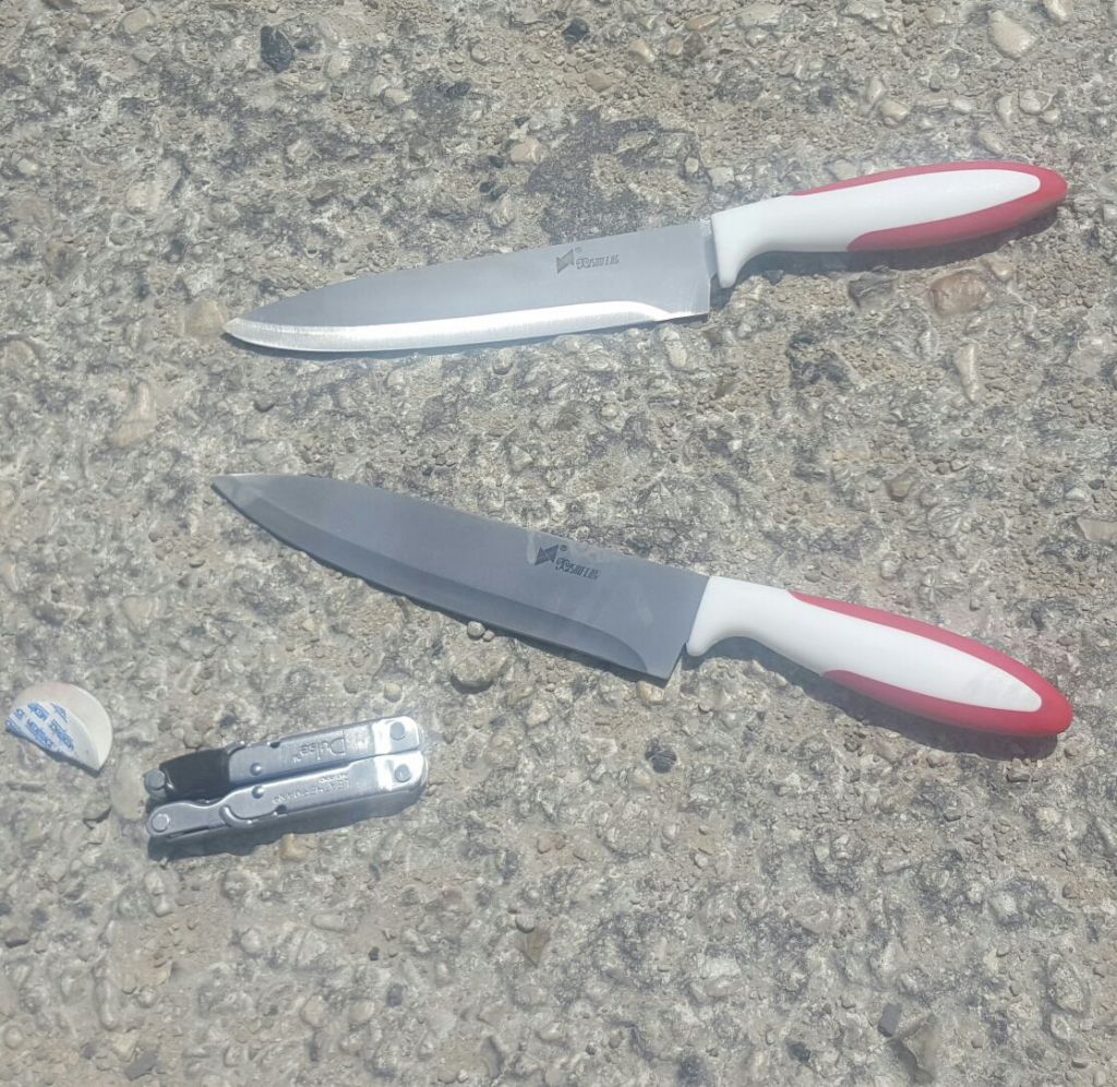 Two knives and a Leatherman-style multi-tool that a Palestinian couple allegedly planned to use to attack Border Police officers at the Qalandiya border crossing