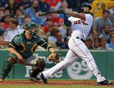 05/11/16 Boston MA The Red Sox Jackie Bradley Jr. blasts a bottom of the second inning three run home run as he and Oakland catcher Stephen Vogt watch it head for deep right field. The Boston Red Sox hosted the Oakland Athletics in a regular season M