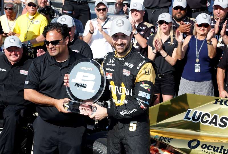 Indianapolis IN USA Verizon Indy Car driver James Hinchcliffe accepts the pole award after winning the pole as the fastest qualifier during qualifications for the Indianapolis 500 at Indianapolis Motor Speedway. Brian Spurlock-USA TODAY S