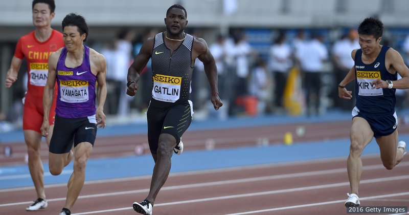 Justin Gatlin wins the men's 100-meter during the SEIKO Golden Grand Prix at Todoroki Stadium