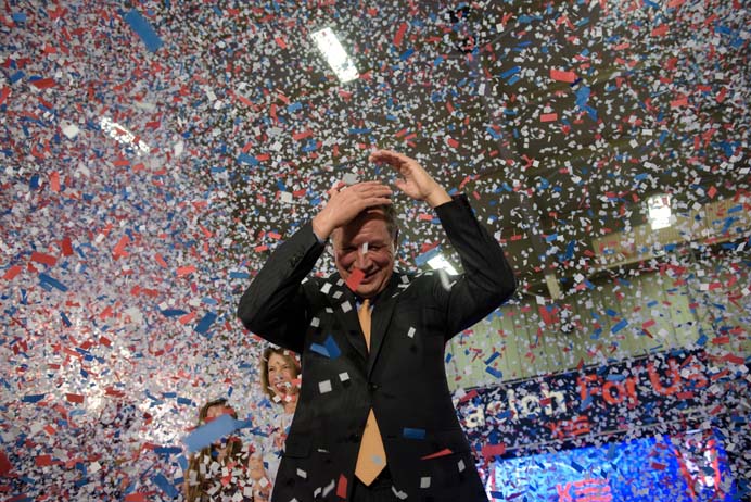 Republican US Presidential hopeful Ohio Governor John Kasich celebrates his Ohio primary victory at Baldwin Wallace University