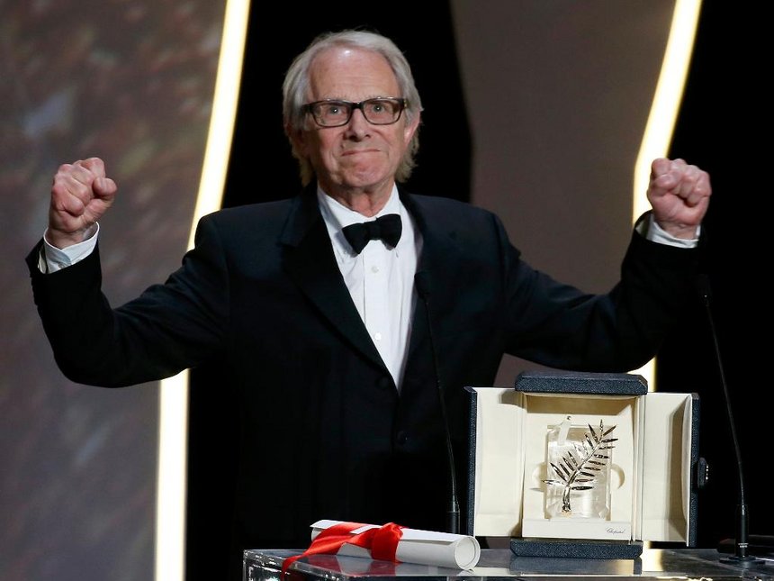 Director Ken Loach Palme d'Or award winner for his film'I Daniel Blake, reacts during the closing ceremony of the 69th Cannes Film Festival in Cannes France