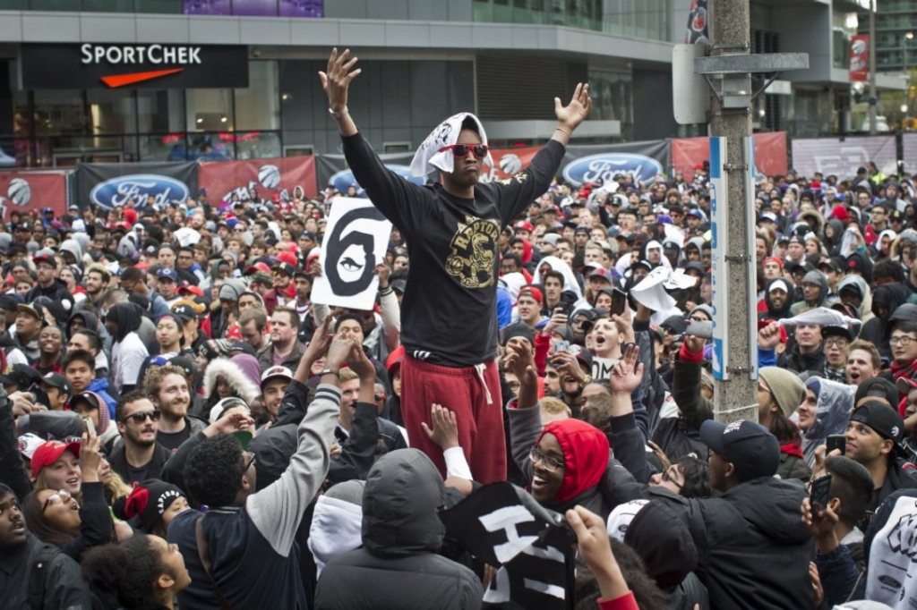 Toronto fans at Jurassic Park go wild over the Raptors during their game seven win over the Miami Heat Sunday