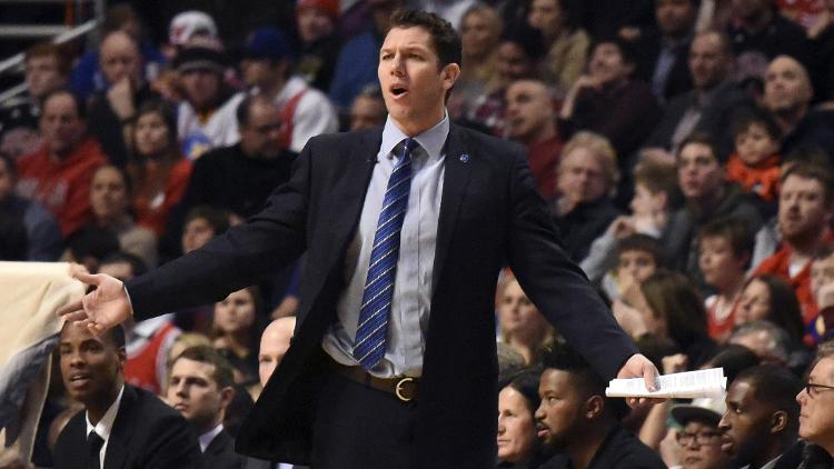 Golden State Warriors interim coach Luke Walton questions a call during the second half of a game against the Chicago Bulls at the United Center. The Golden State Warriors won 125-94