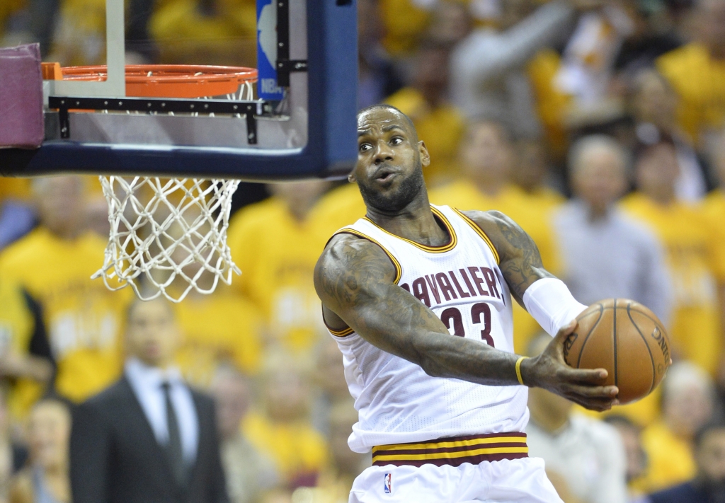 Cleveland OH USA Cleveland Cavaliers forward Le Bron James dunks the ball in the second quarter against the Toronto Raptors in game two of the Eastern conference finals of the NBA Playoffs at Quicken Loans Arena. Mandatory Credit Dav