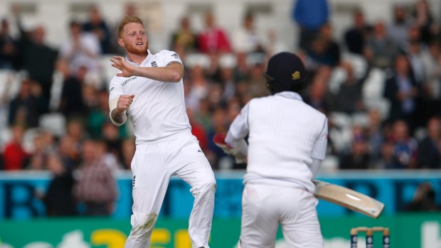 England's Ben Stokes celebrates dismissing Dinesh Chandimal but he could miss the second test against Sri Lanka