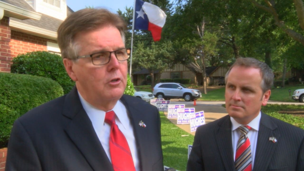 Lieutenant Governor Dan Patrick speaks next to State Senate candidate Bryan Hughes