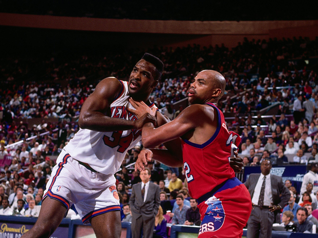 Sixers&#039 Charles Barkley battles for position against Knicks&#039 Charles during a game circa 1992 at Madison Square Garden in New York New York