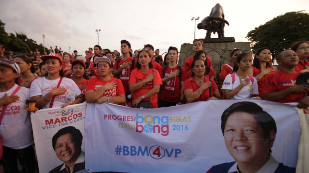 Supporters of vice presidential candidate Senator Marcos hold a protest in Manila on Wednesday. Election officials