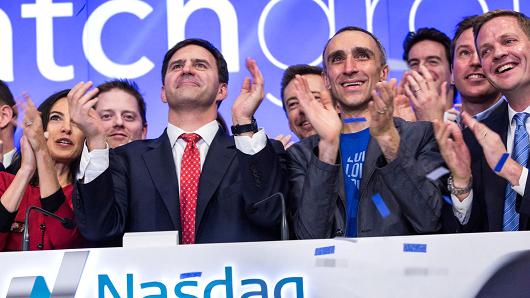 Greg Blatt, chairmain of Match Group and Sam Yagan CEO of Match Group and co-founder and CEO of OkCupid celebrate Match Group's initial public offering at the NASDAQ stock exchange