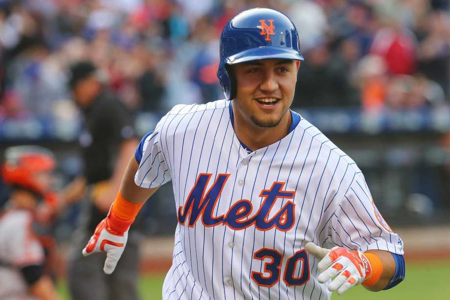 NEW YORK NEW YORK- APRIL 30 Michael Conforto #30 of the New York Mets celebrates after hitting a solo home run in the fifth inning against the San Francisco Giants at Citi Field