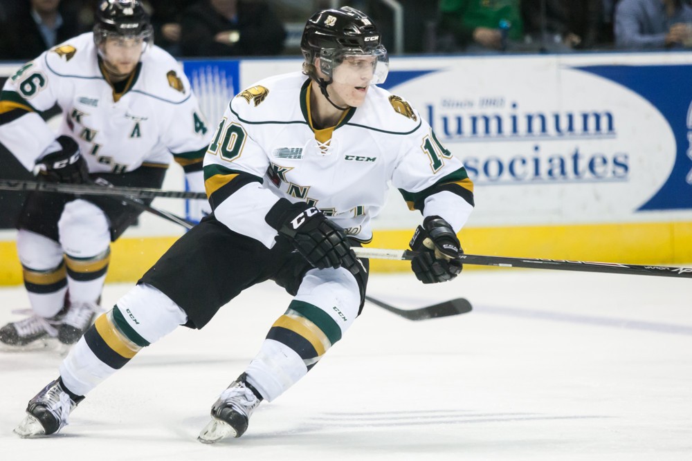 Christian Dvorak of the London Knights follows the play during a game between the London Knights and the Sault Ste. Marie Greyhounds. The Greyhounds defeated the Knights 4-0 at Budweiser Gardens in London Ontario Canada