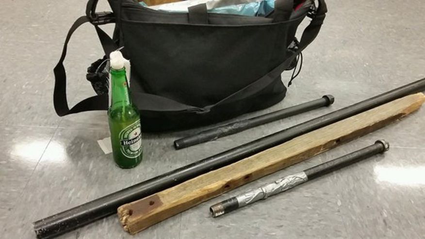 This image shows weapons including a Molotov cocktail purportedly confiscated from anti-capitalist protesters in Seattle