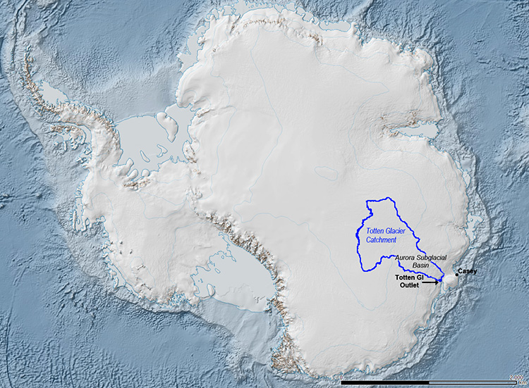 The Totten Glacier in East Antarctica could cross the point of no return within the next century if global warming continues at the current pace