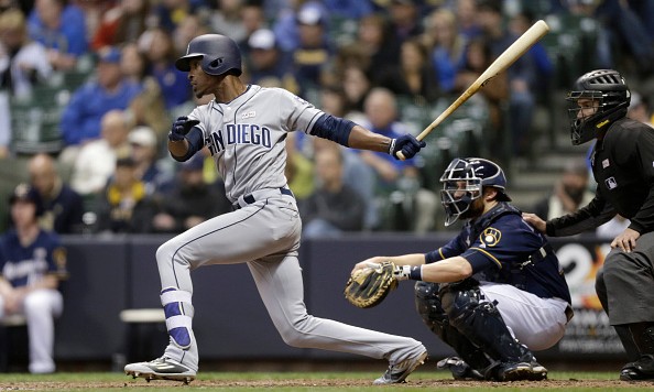 MILWAUKEE WI- MAY 14 Melvin Upton Jr. #2 of the San Diego Padres hits a single in the eighth inning against the Milwaukee Brewers at Miller Park