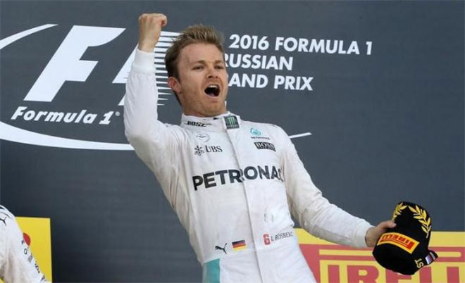 Mercedes F1 driver Nico Rosberg of Germany celebrates victory during the Russian Grand Prix in Sochi Russia- 1/5/16