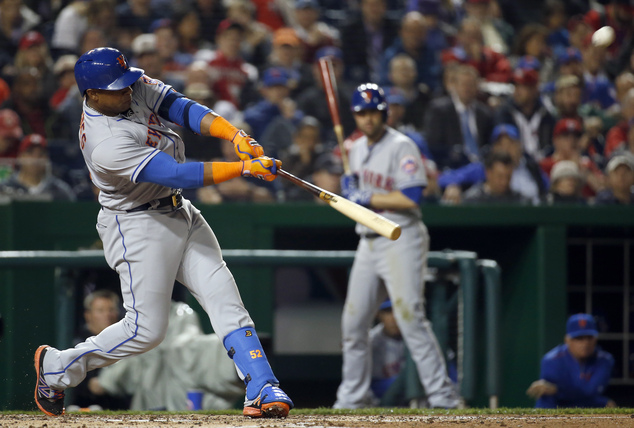 New York Mets Yoenis Cespedes hits a solo home run during the fifth inning of a baseball game against the Washington Nationals at Nationals Park Monday Ma