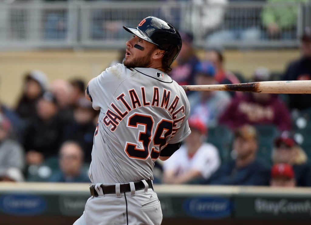 MINNEAPOLIS MN- MAY 01 Jarrod Saltalamacchia #39 of the Detroit Tigers hits an RBI double against the Minnesota Twins during the eighth inning of the game