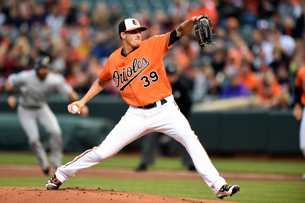 BALTIMORE MD- APRIL 30 Kevin Gausman #39 of the Baltimore Orioles pitches in the first inning during a baseball game against the Chicago White Sox at Oriole Park at Camden yards