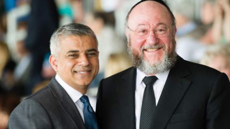 The Mayor of London Sadiq Khan poses with Chief Rabbi Ephraim Mirvis of the United Congregations of the Commonwealth ahead of the Yom Ha Shoah Commemoration the UK Jewish community's Holocaust remembrance ceremony in Barnet north London on May