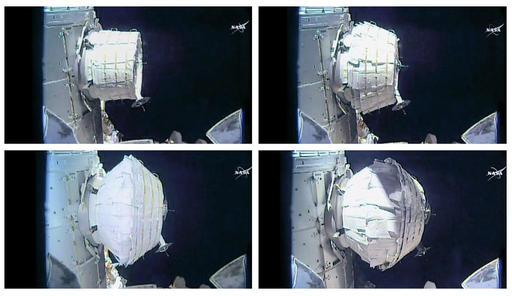 This combination of images provided by NASA shows the inflation of a new experimental room at the International Space Station on Saturday