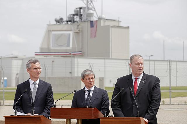 NATO Secretary General Romanian Prime Minister and US Deputy Secretary of Defense in front of Deveselu air base