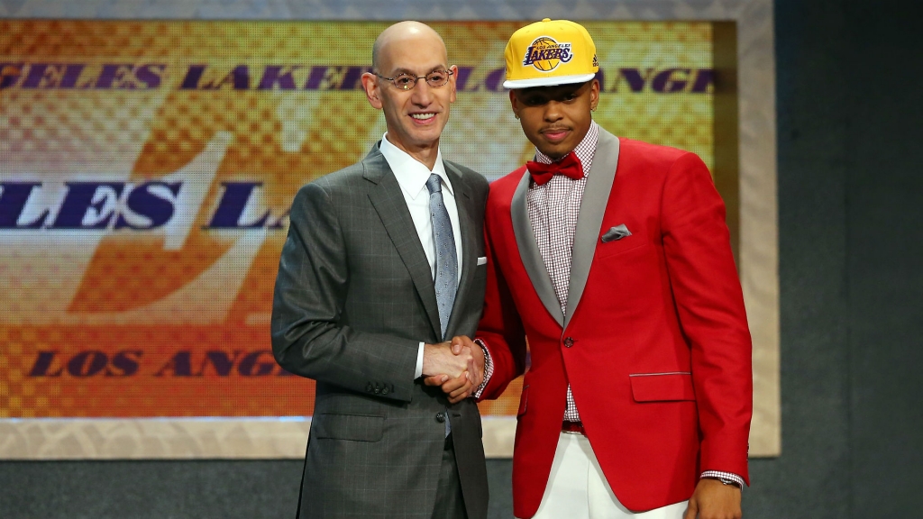 NBA commissioner Adam Silver shakes hands with No. 2 pick D'Angelo Russell