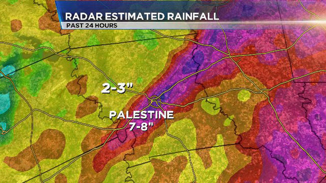 NBC 5 Weather Experts Radar estimated rainfall shows a narrow band of 7-8 of rain through Palestine where floods turned deadly