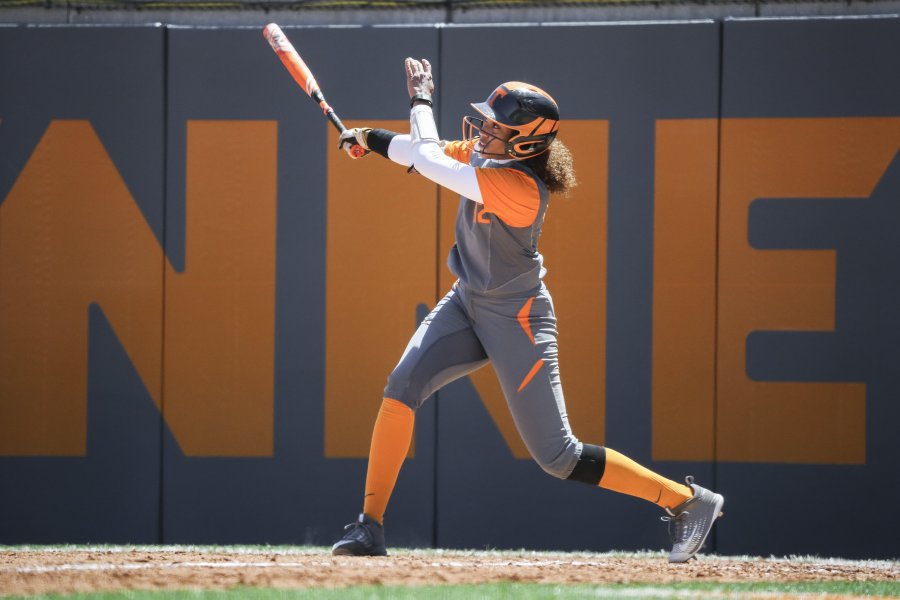 KNOXVILLE,TN- APRIL 09 2016- Pitcher  Outfielder Rainey Gaffin #42 hits a grand slam during the game between the Texas A&M Aggies and the Tennessee Volunteers at Sherri Parker Lee Stadium in Knoxville TN