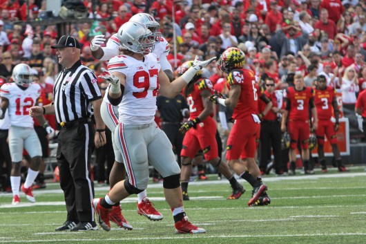 Former OSU defensive lineman Joey Bosa celebrates after making a sack during a game against Maryland on Oct. 4 in College Park Md. Credit Lantern file