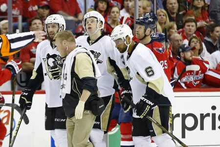 Apr 30 2016 Washington DC USA Pittsburgh Penguins defenseman Olli Maatta is helped off the ice after being injured against the Washington Capitals in the first period in game two of the second round of the 2016 Stanley Cup Playoffs at Verizon Cen