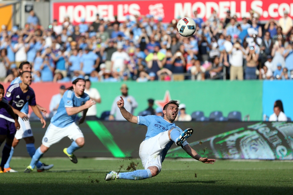 New York NY USA New York City FC forward David Villa slips on a penalty kick against Orlando City during the second half at Yankee Stadium. New York City and Orlando City played to a 2-2 draw. Mandatory Credit Brad Penner-USA TODAY S