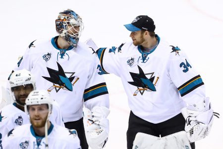 San Jose Sharks&#039 Joel Ward celebrates after scoring against the Nashville Predators during the third period of Game 1 in an NHL hockey Stanley Cup Western Conference semifinal series Friday