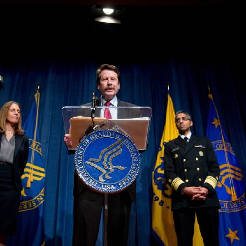 Drug Administration Commissioner Dr. Robert Califf center accompanied by from left Health and Human Services Secretary Sylvia Burwell US Surgeon General Dr. Vivek Murthy and FDA Center for Tobacco Products Director Mitch Zelle